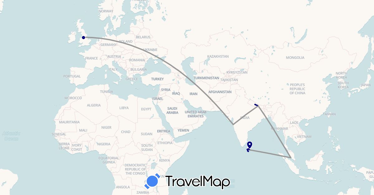 TravelMap itinerary: driving, plane, hiking in United Kingdom, India, Sri Lanka, Malaysia, Nepal (Asia, Europe)
